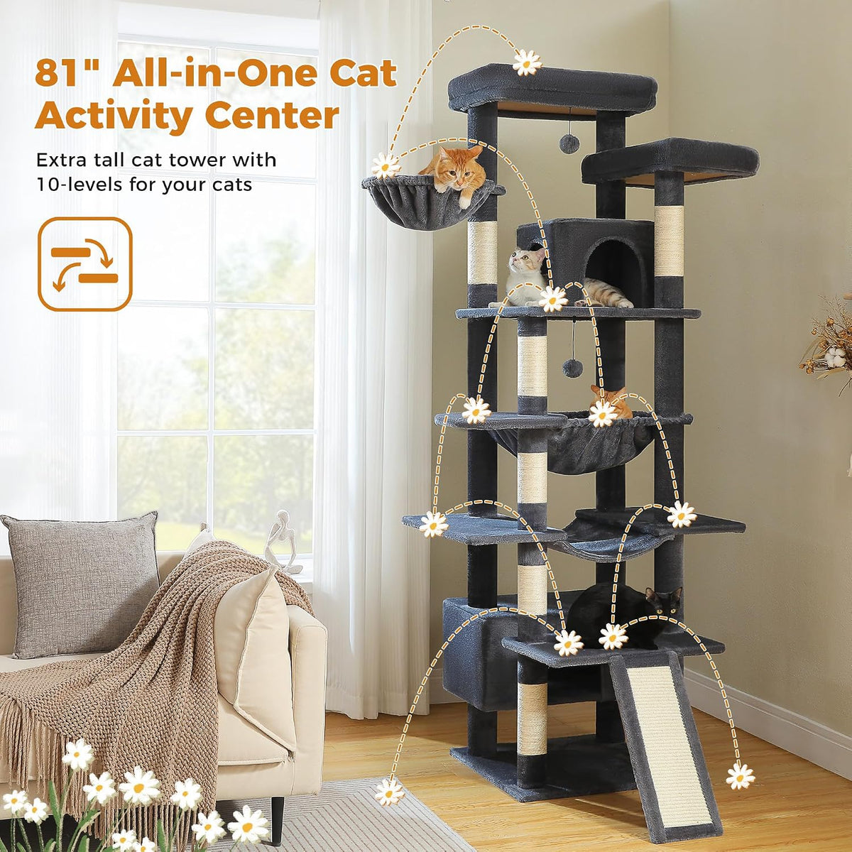 40" Cactus Cat Tree with Hammock, Condo & Sisal Post, Green