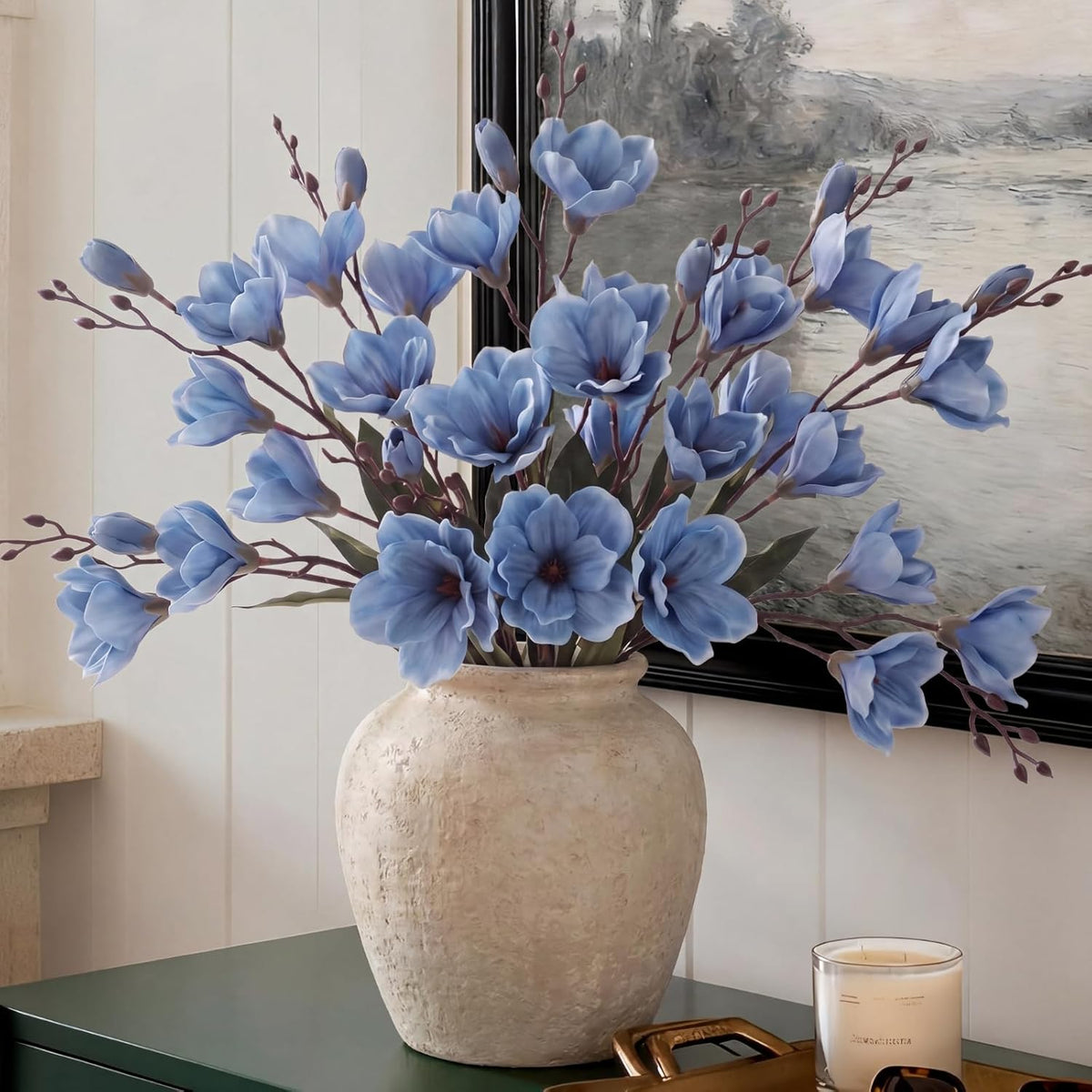 8 Pack 16 Inch Artificial Magnolia Flowers Stem Faux Magnolia Branches Silk Flowers Bendable Stem for Vase Arrangement Wedding Decor Party Centerpieces Home Decoration(Blue)