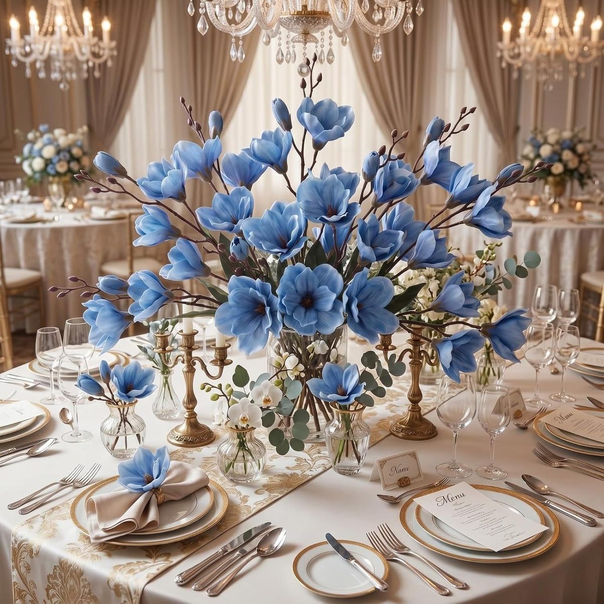 8 Pack 16 Inch Artificial Magnolia Flowers Stem Faux Magnolia Branches Silk Flowers Bendable Stem for Vase Arrangement Wedding Decor Party Centerpieces Home Decoration(Blue)