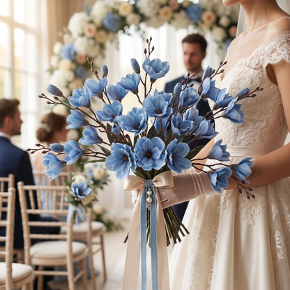 8 Pack 16 Inch Artificial Magnolia Flowers Stem Faux Magnolia Branches Silk Flowers Bendable Stem for Vase Arrangement Wedding Decor Party Centerpieces Home Decoration(Blue)