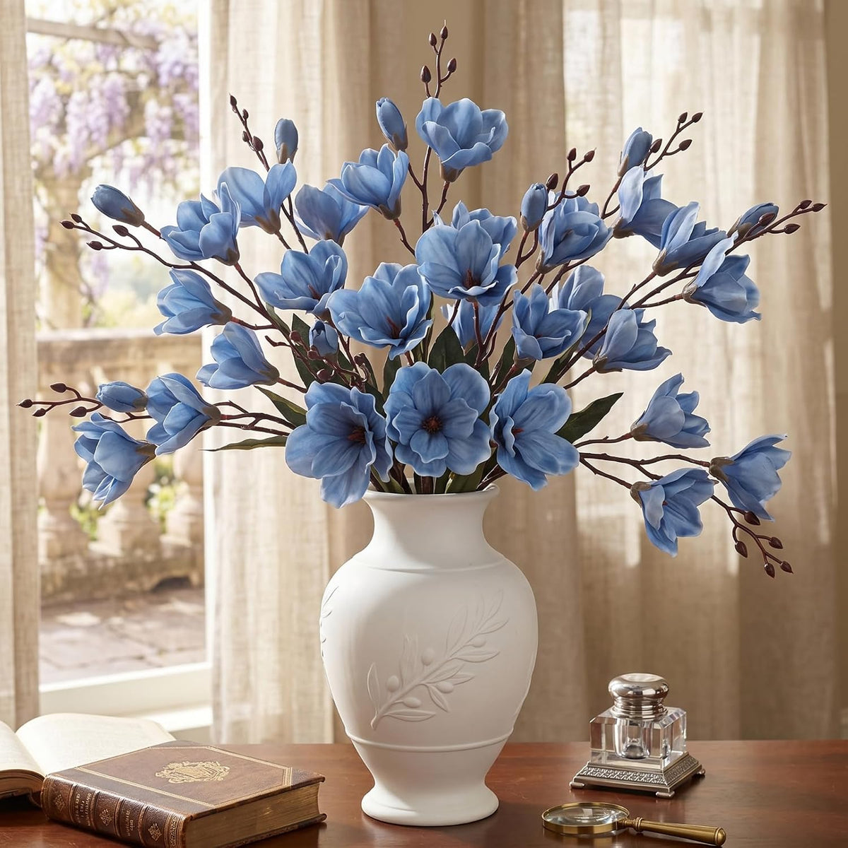 8 Pack 16 Inch Artificial Magnolia Flowers Stem Faux Magnolia Branches Silk Flowers Bendable Stem for Vase Arrangement Wedding Decor Party Centerpieces Home Decoration(Blue)