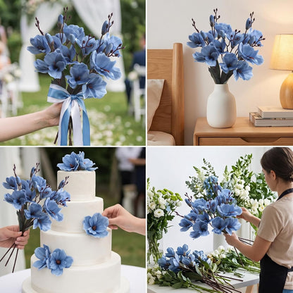 8 Pack 16 Inch Artificial Magnolia Flowers Stem Faux Magnolia Branches Silk Flowers Bendable Stem for Vase Arrangement Wedding Decor Party Centerpieces Home Decoration(Blue)