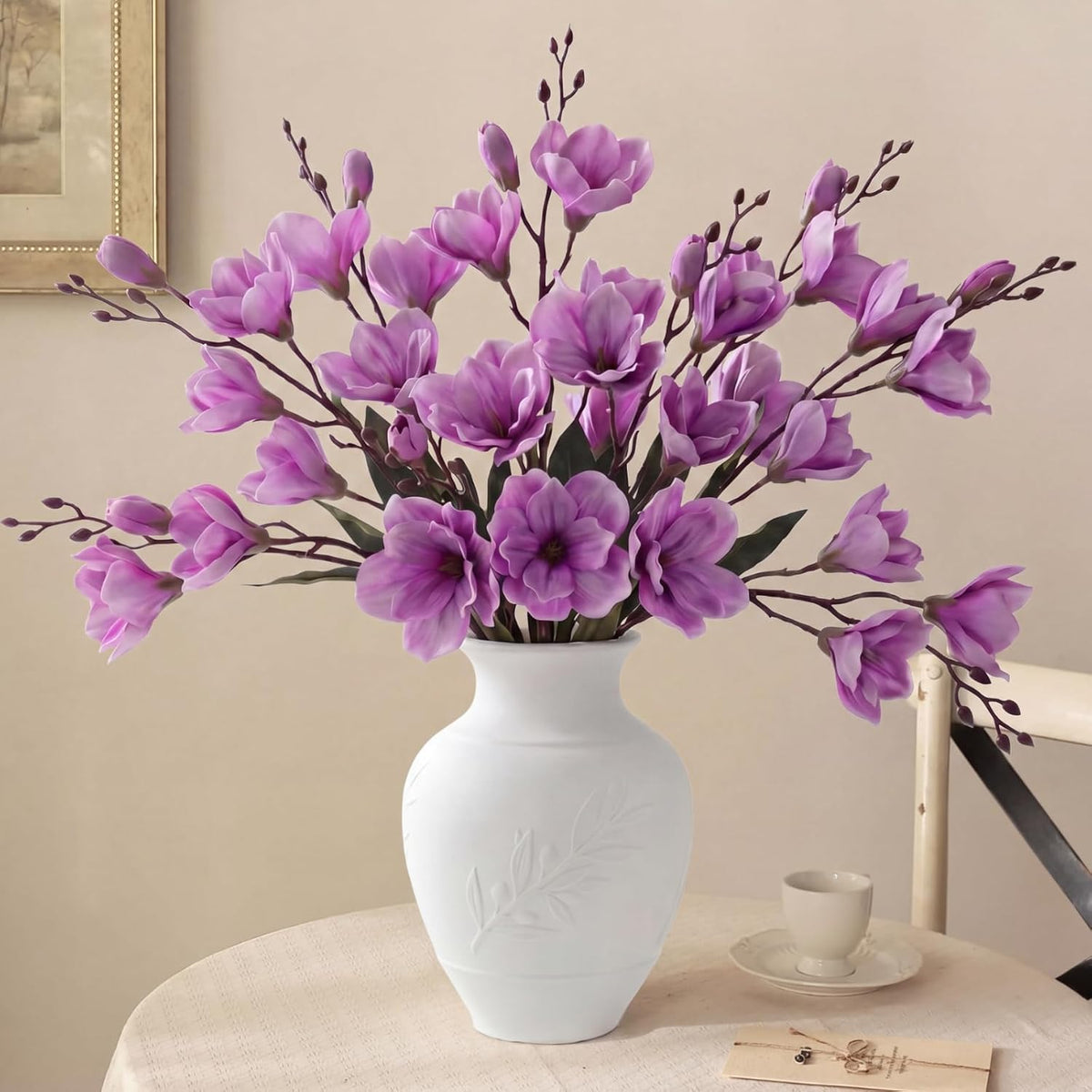 8 Pack 16 Inch Artificial Magnolia Flowers Stem Faux Magnolia Branches Silk Flowers Bendable Stem for Vase Arrangement Wedding Decor Party Centerpieces Home Decoration(Blue)