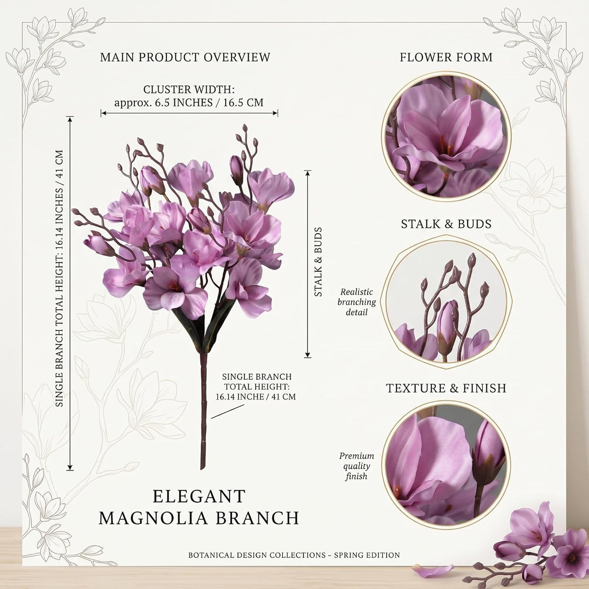 8 Pack 16 Inch Artificial Magnolia Flowers Stem Faux Magnolia Branches Silk Flowers Bendable Stem for Vase Arrangement Wedding Decor Party Centerpieces Home Decoration(Blue)