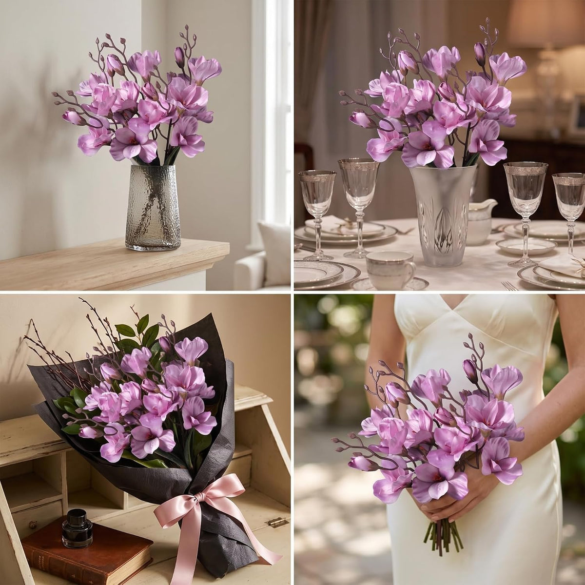 8 Pack 16 Inch Artificial Magnolia Flowers Stem Faux Magnolia Branches Silk Flowers Bendable Stem for Vase Arrangement Wedding Decor Party Centerpieces Home Decoration(Blue)