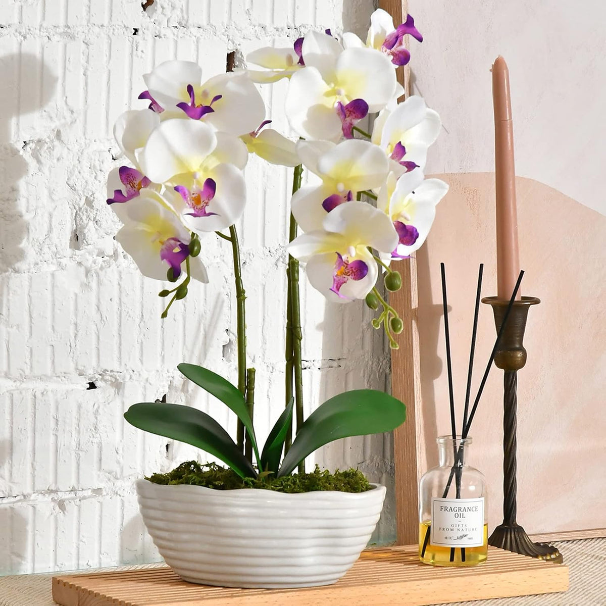 Large Artificial Orchid Arrangement in Oval Ribbed Ceramic Pot, White