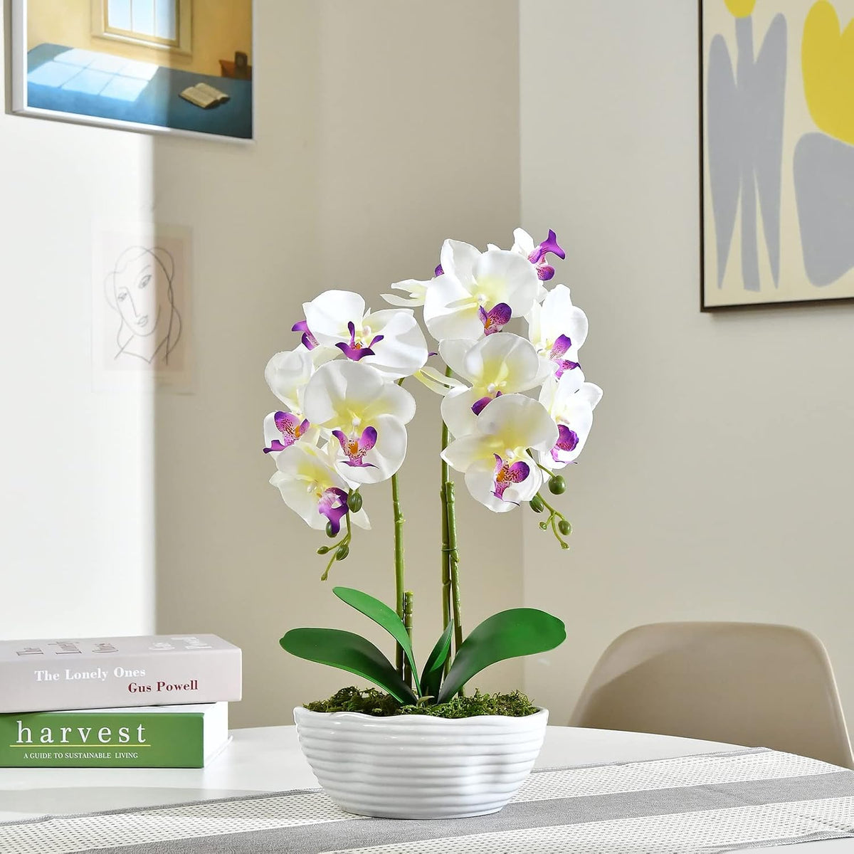 Large Artificial Orchid Arrangement in Oval Ribbed Ceramic Pot, White
