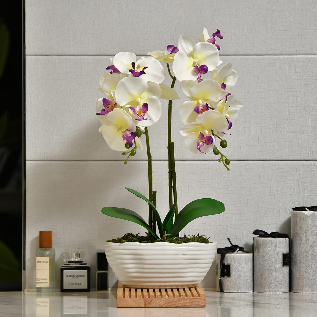 Large Artificial Orchid Arrangement in Oval Ribbed Ceramic Pot, White
