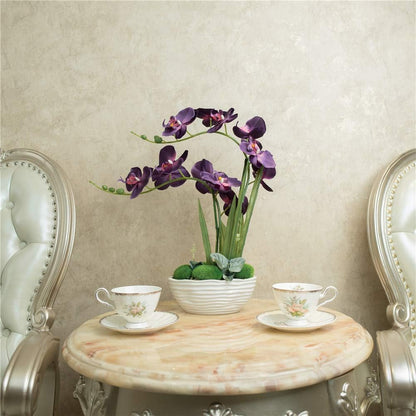 Large Artificial Orchid Arrangement in Oval Ribbed Ceramic Pot, White