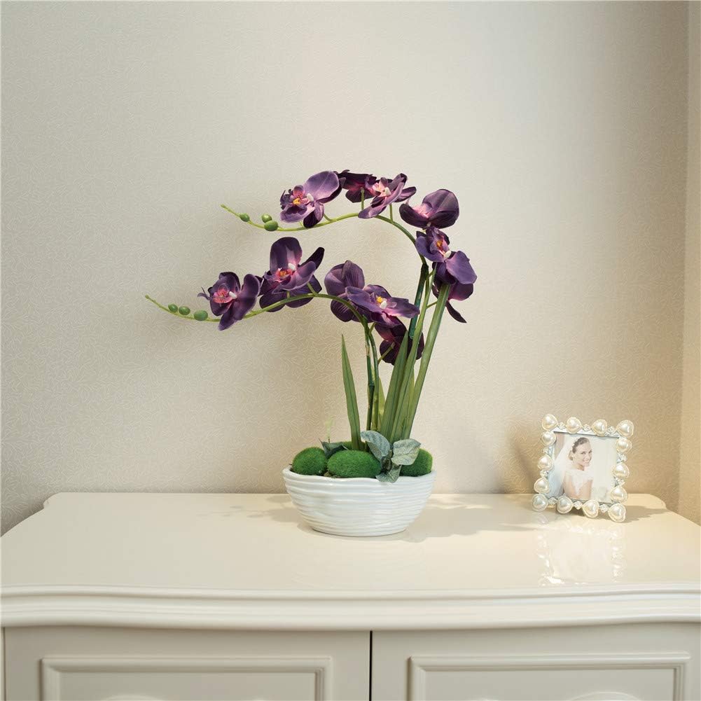 Large Artificial Orchid Arrangement in Oval Ribbed Ceramic Pot, White