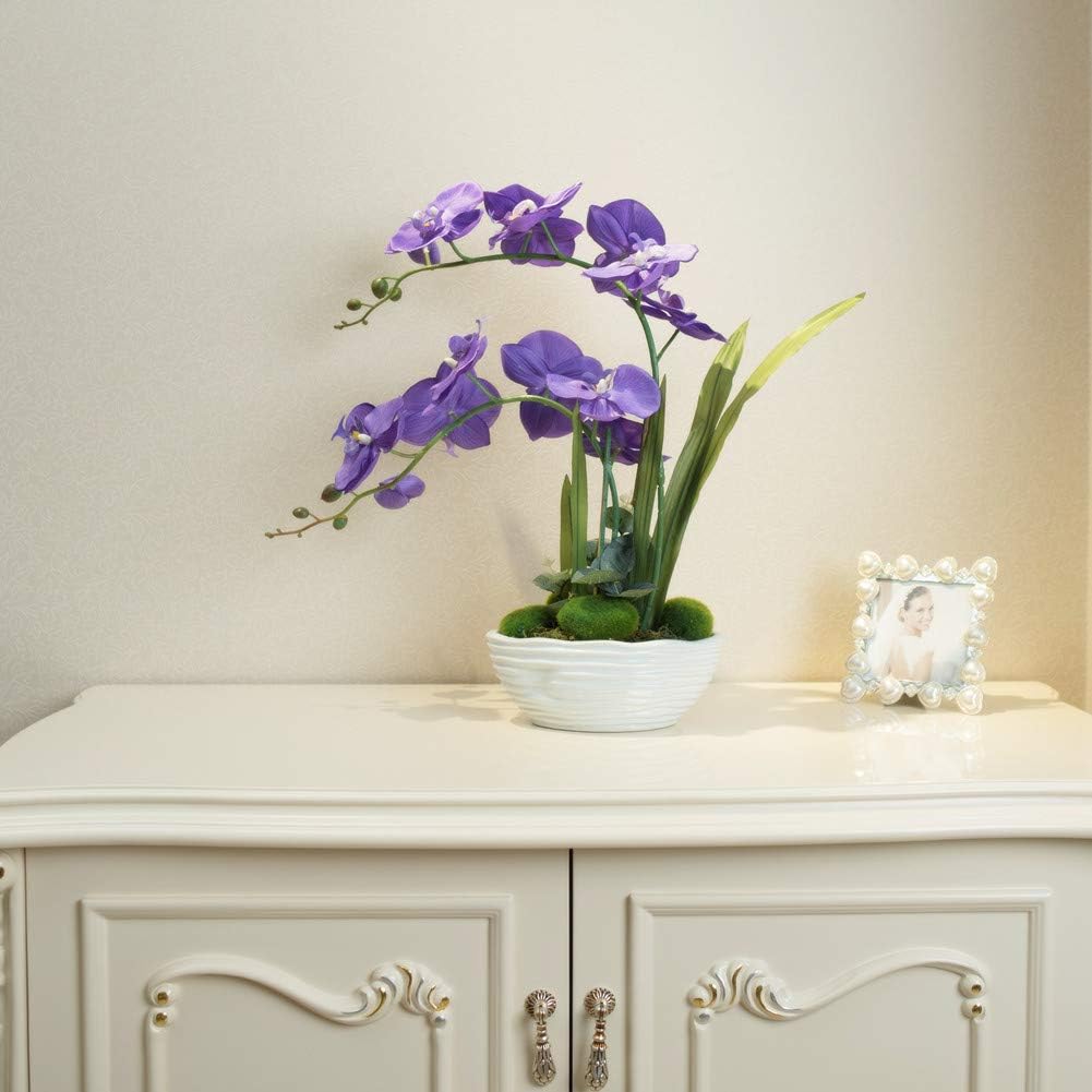 Large Artificial Orchid Arrangement in Oval Ribbed Ceramic Pot, White