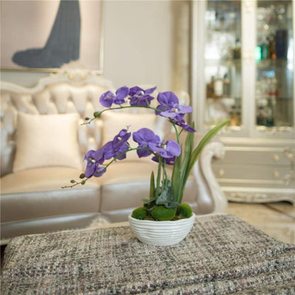 Large Artificial Orchid Arrangement in Oval Ribbed Ceramic Pot, White