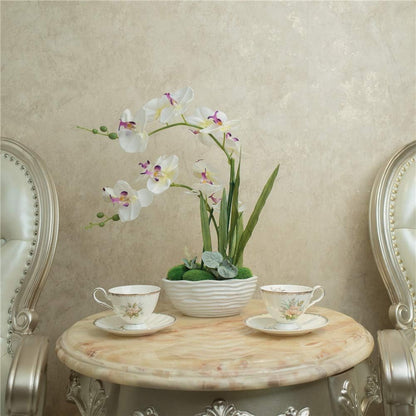 Large Artificial Orchid Arrangement in Oval Ribbed Ceramic Pot, White