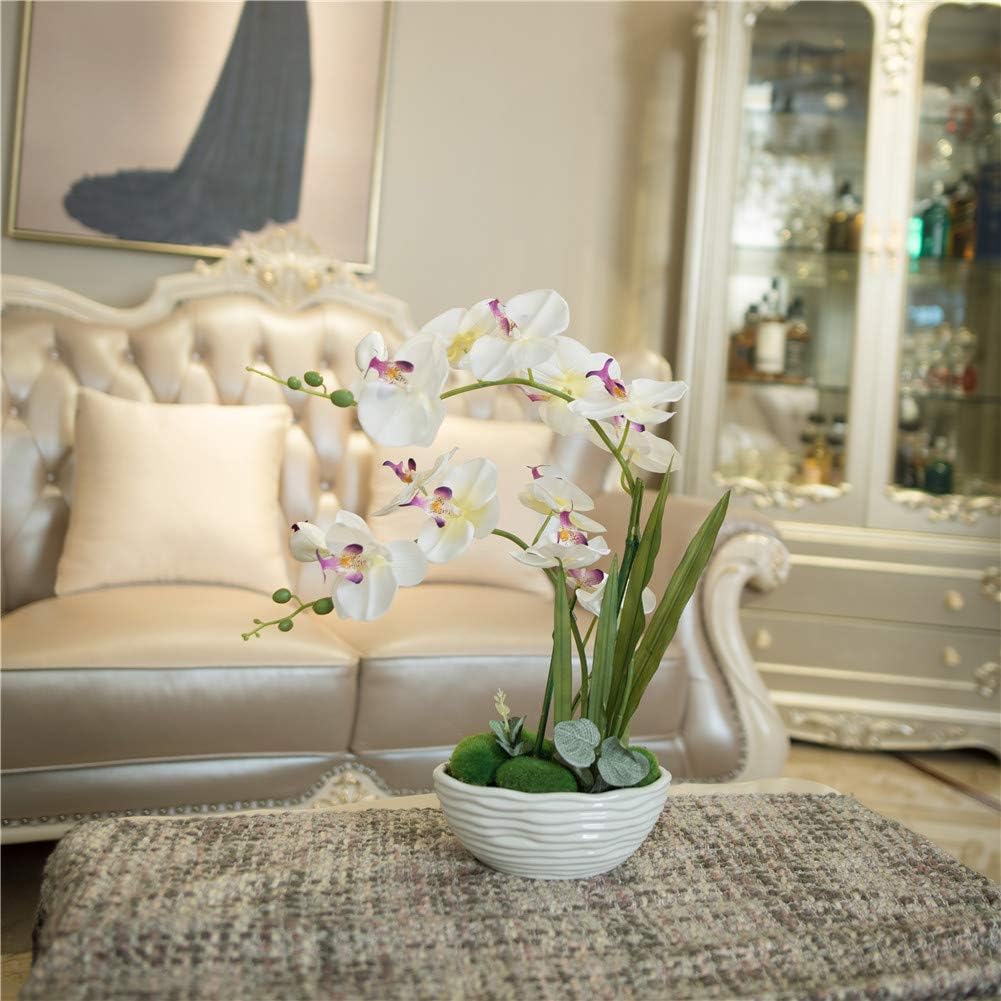 Large Artificial Orchid Arrangement in Oval Ribbed Ceramic Pot, White
