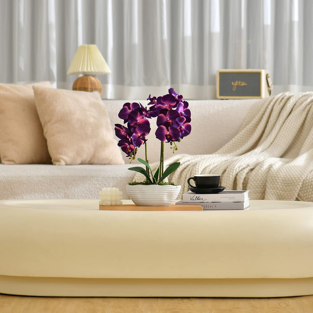 Large Artificial Orchid Arrangement in Oval Ribbed Ceramic Pot, White