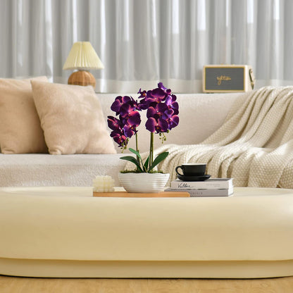 Large Artificial Orchid Arrangement in Oval Ribbed Ceramic Pot, White