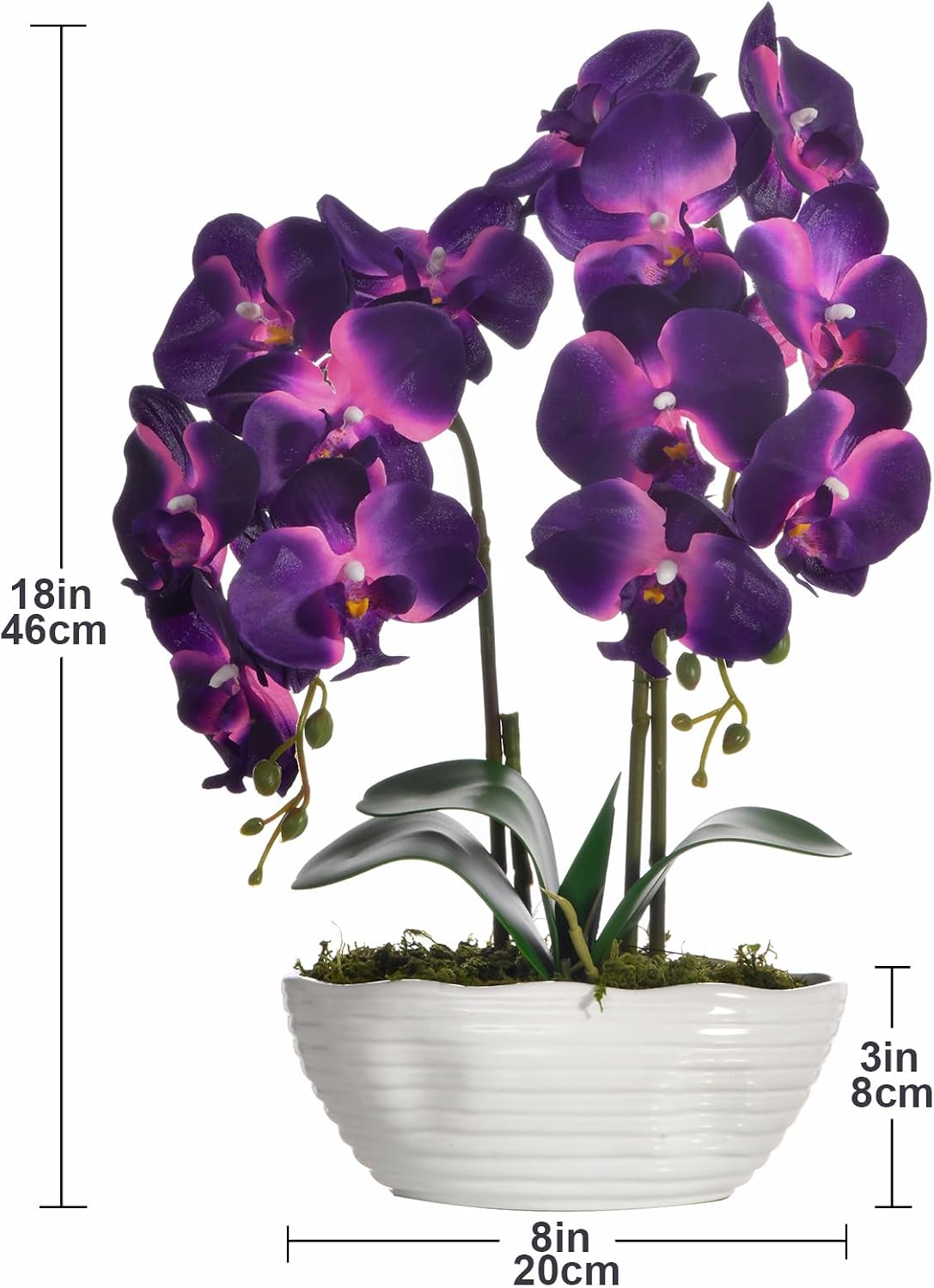 Large Artificial Orchid Arrangement in Oval Ribbed Ceramic Pot, White