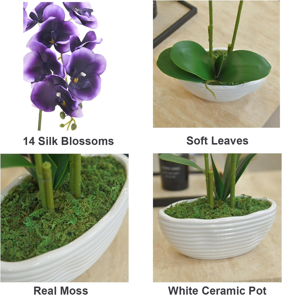 Large Artificial Orchid Arrangement in Oval Ribbed Ceramic Pot, White