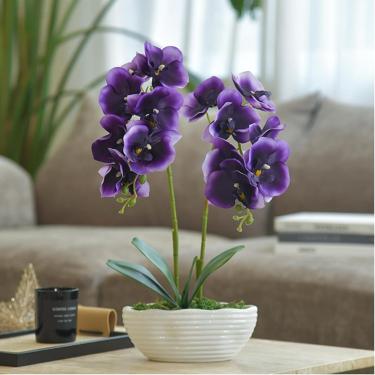 Large Artificial Orchid Arrangement in Oval Ribbed Ceramic Pot, White