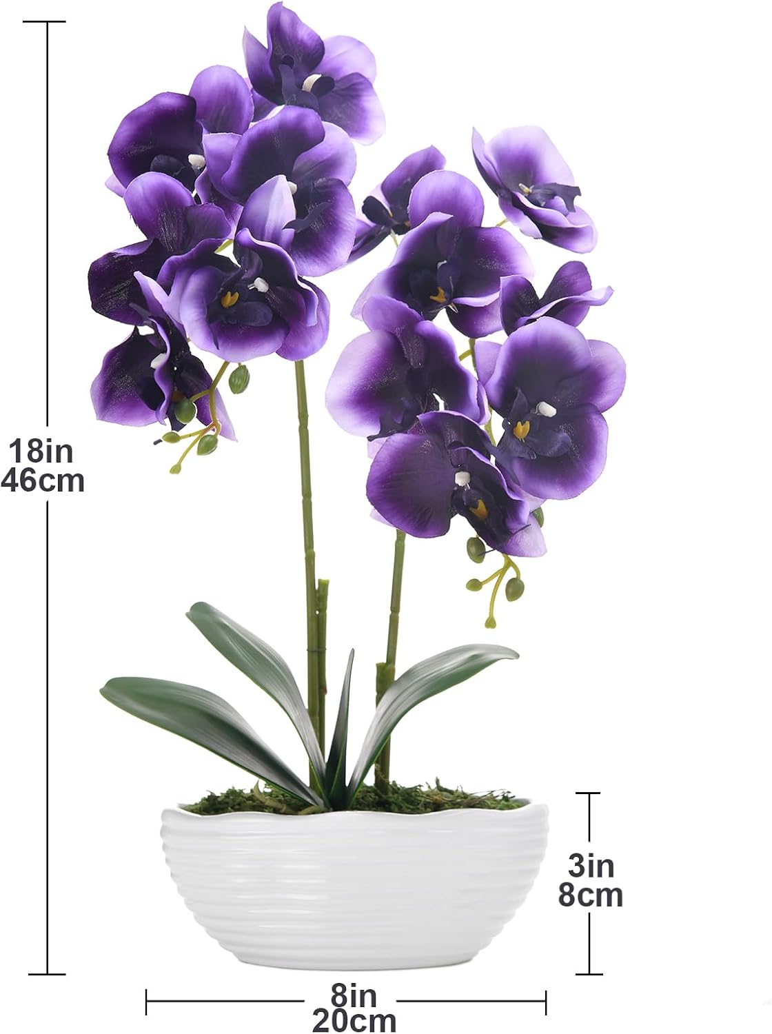 Large Artificial Orchid Arrangement in Oval Ribbed Ceramic Pot, White