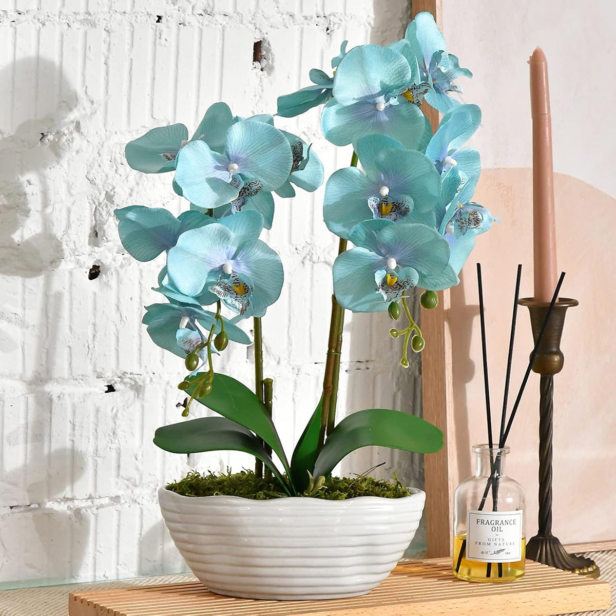 Large Artificial Orchid Arrangement in Oval Ribbed Ceramic Pot, White