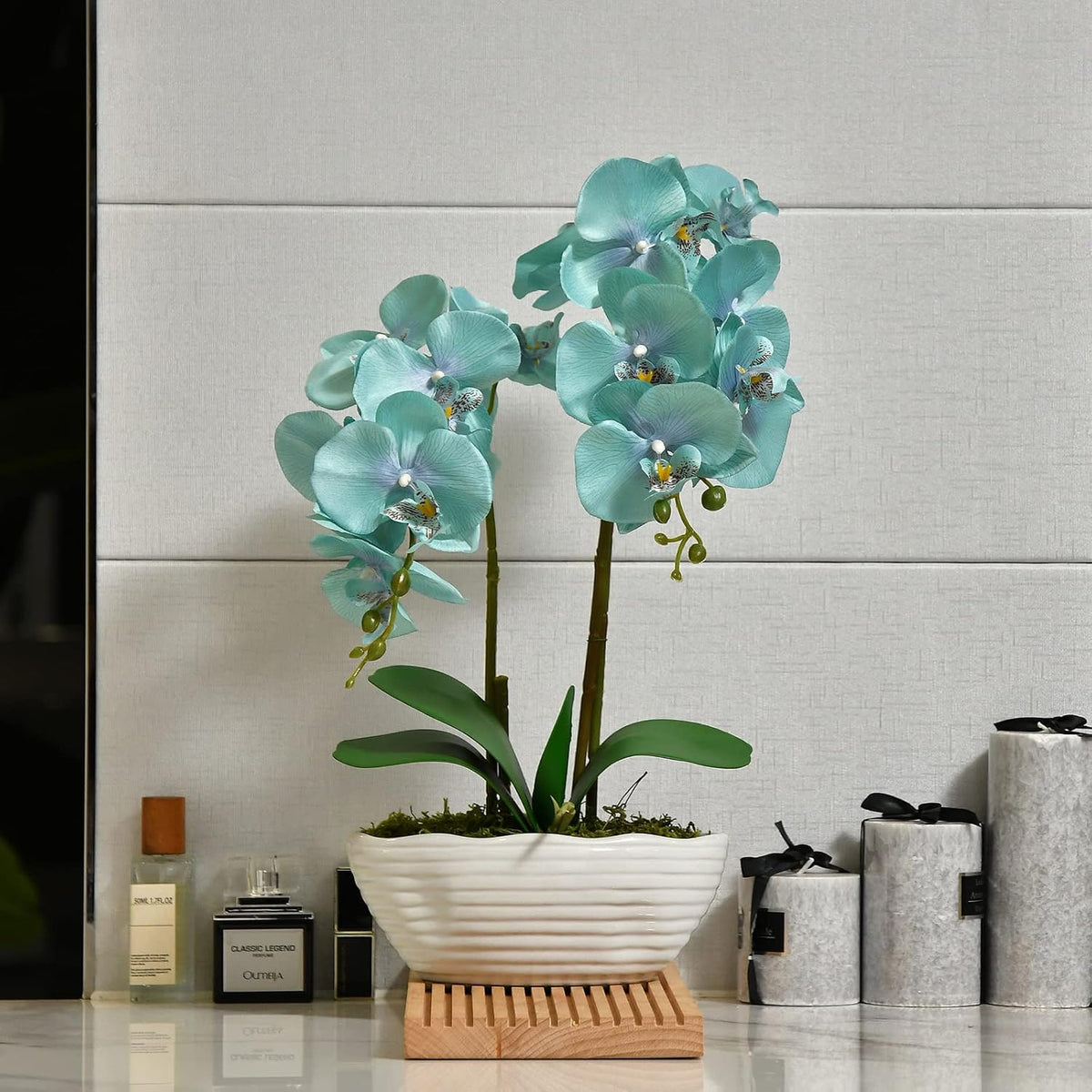 Large Artificial Orchid Arrangement in Oval Ribbed Ceramic Pot, White