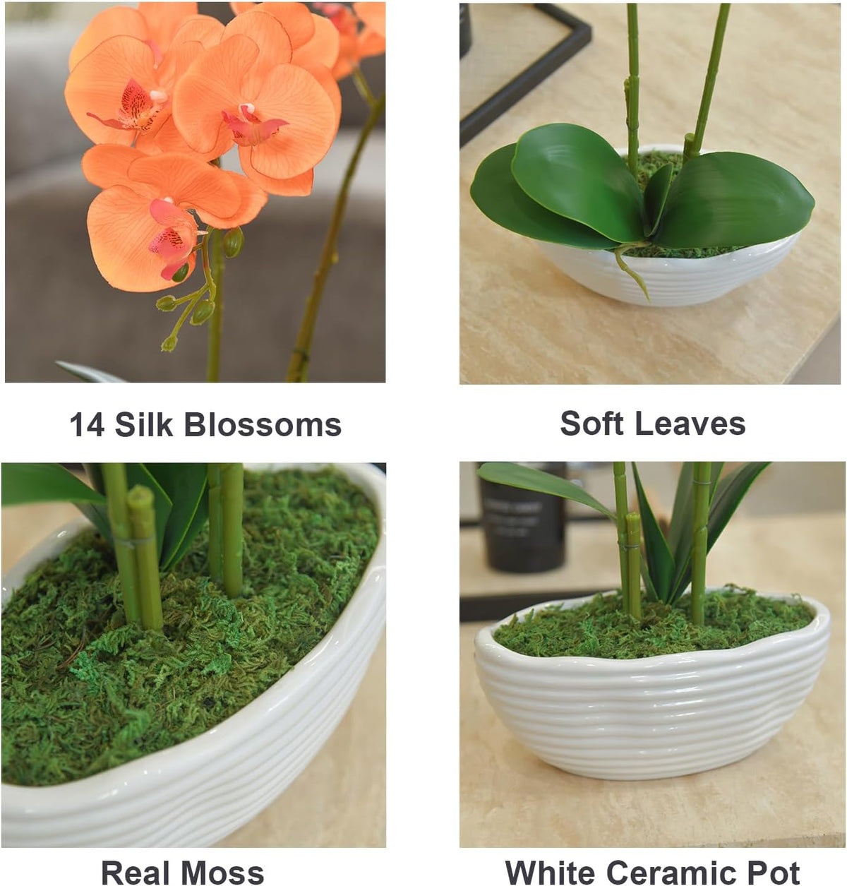 Large Artificial Orchid Arrangement in Oval Ribbed Ceramic Pot, White