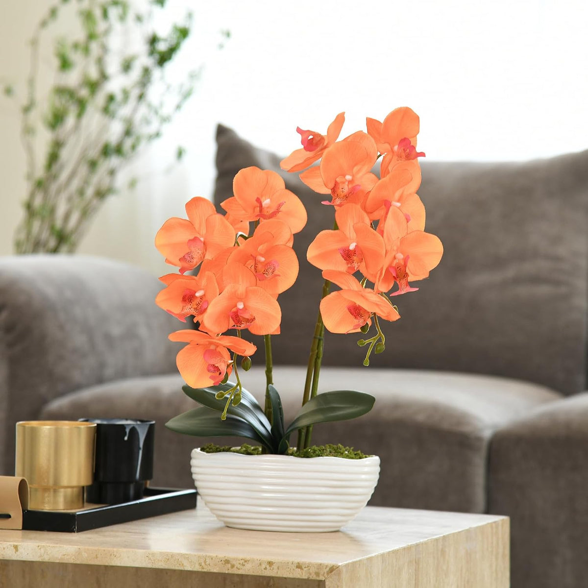 Large Artificial Orchid Arrangement in Oval Ribbed Ceramic Pot, White