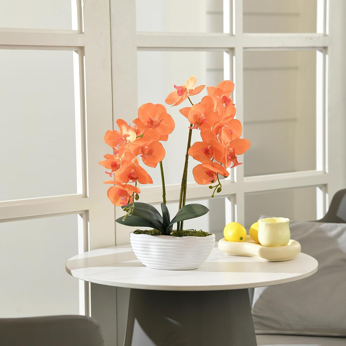Large Artificial Orchid Arrangement in Oval Ribbed Ceramic Pot, White