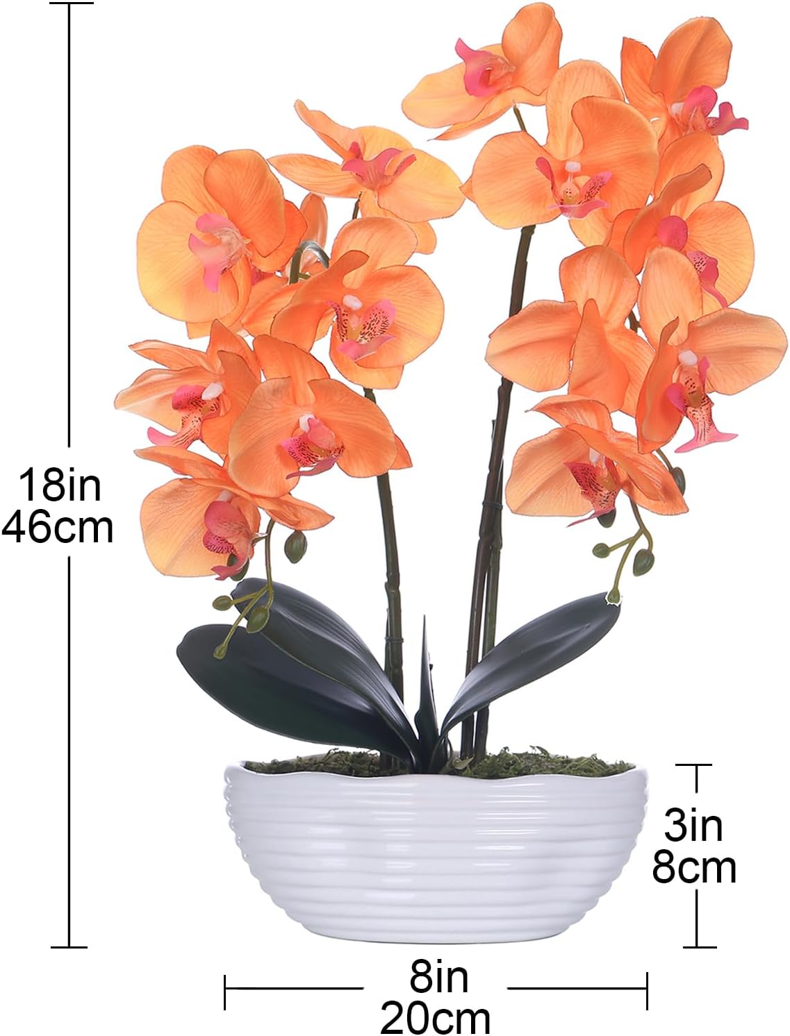 Large Artificial Orchid Arrangement in Oval Ribbed Ceramic Pot, White