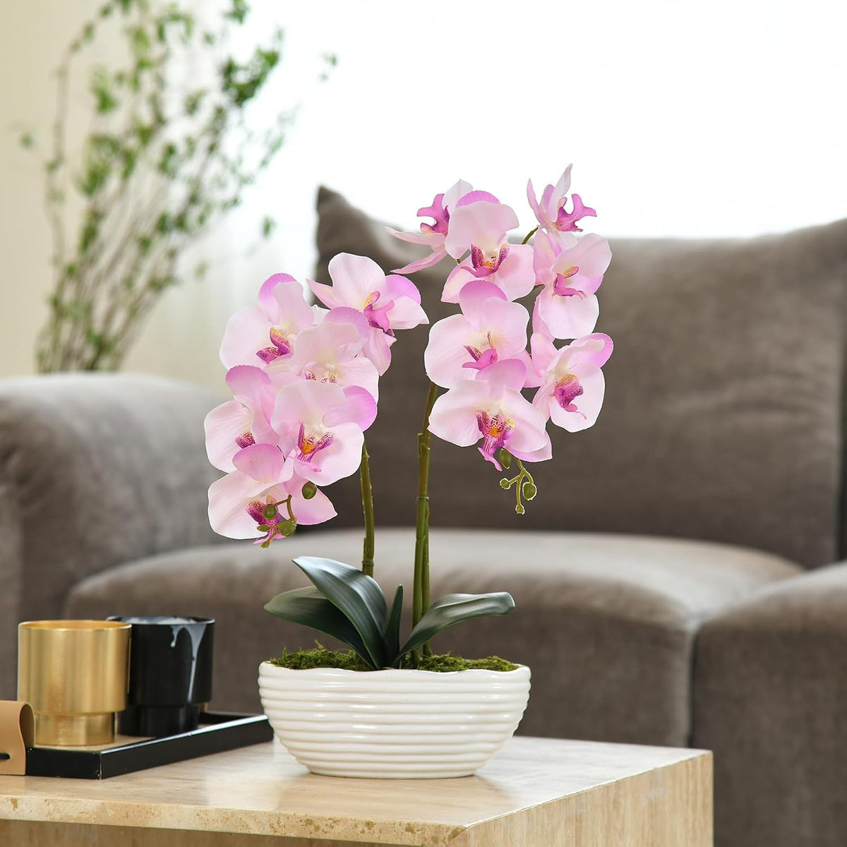 Large Artificial Orchid Arrangement in Oval Ribbed Ceramic Pot, White
