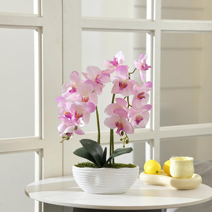 Large Artificial Orchid Arrangement in Oval Ribbed Ceramic Pot, White