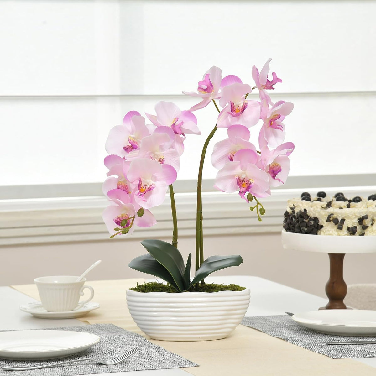 Large Artificial Orchid Arrangement in Oval Ribbed Ceramic Pot, White