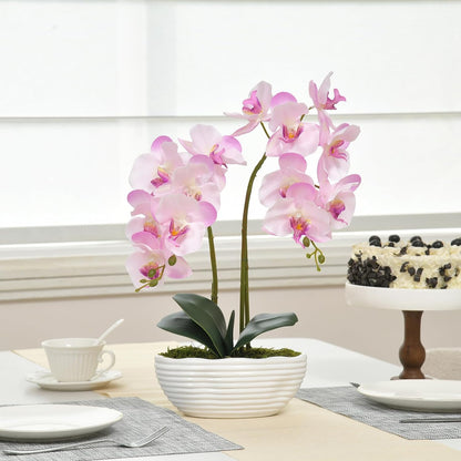 Large Artificial Orchid Arrangement in Oval Ribbed Ceramic Pot, White