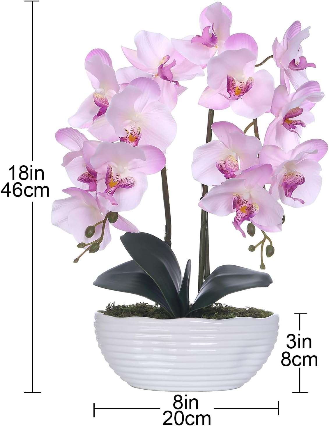 Large Artificial Orchid Arrangement in Oval Ribbed Ceramic Pot, White