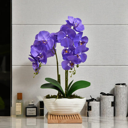 Large Artificial Orchid Arrangement in Oval Ribbed Ceramic Pot, White