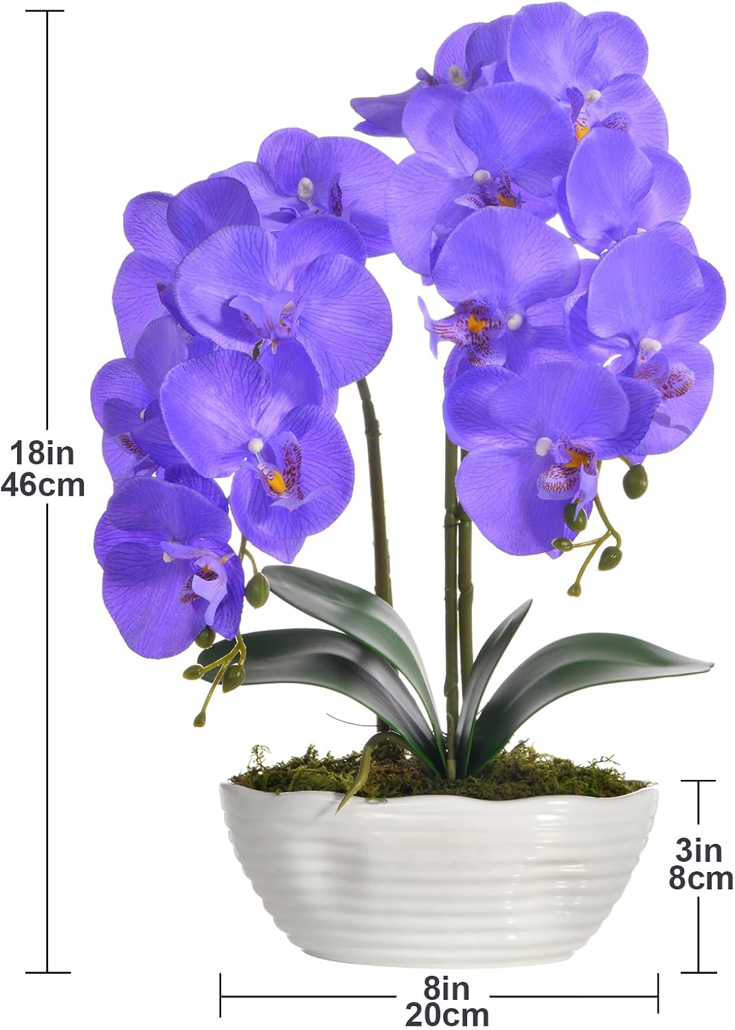 Large Artificial Orchid Arrangement in Oval Ribbed Ceramic Pot, White