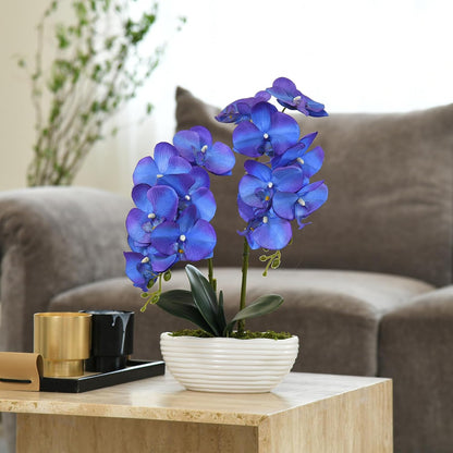 Large Artificial Orchid Arrangement in Oval Ribbed Ceramic Pot, White
