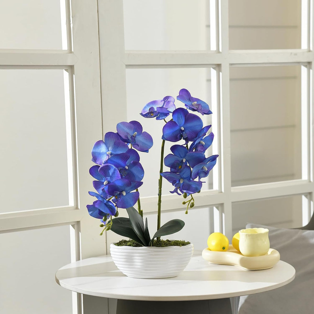 Large Artificial Orchid Arrangement in Oval Ribbed Ceramic Pot, White