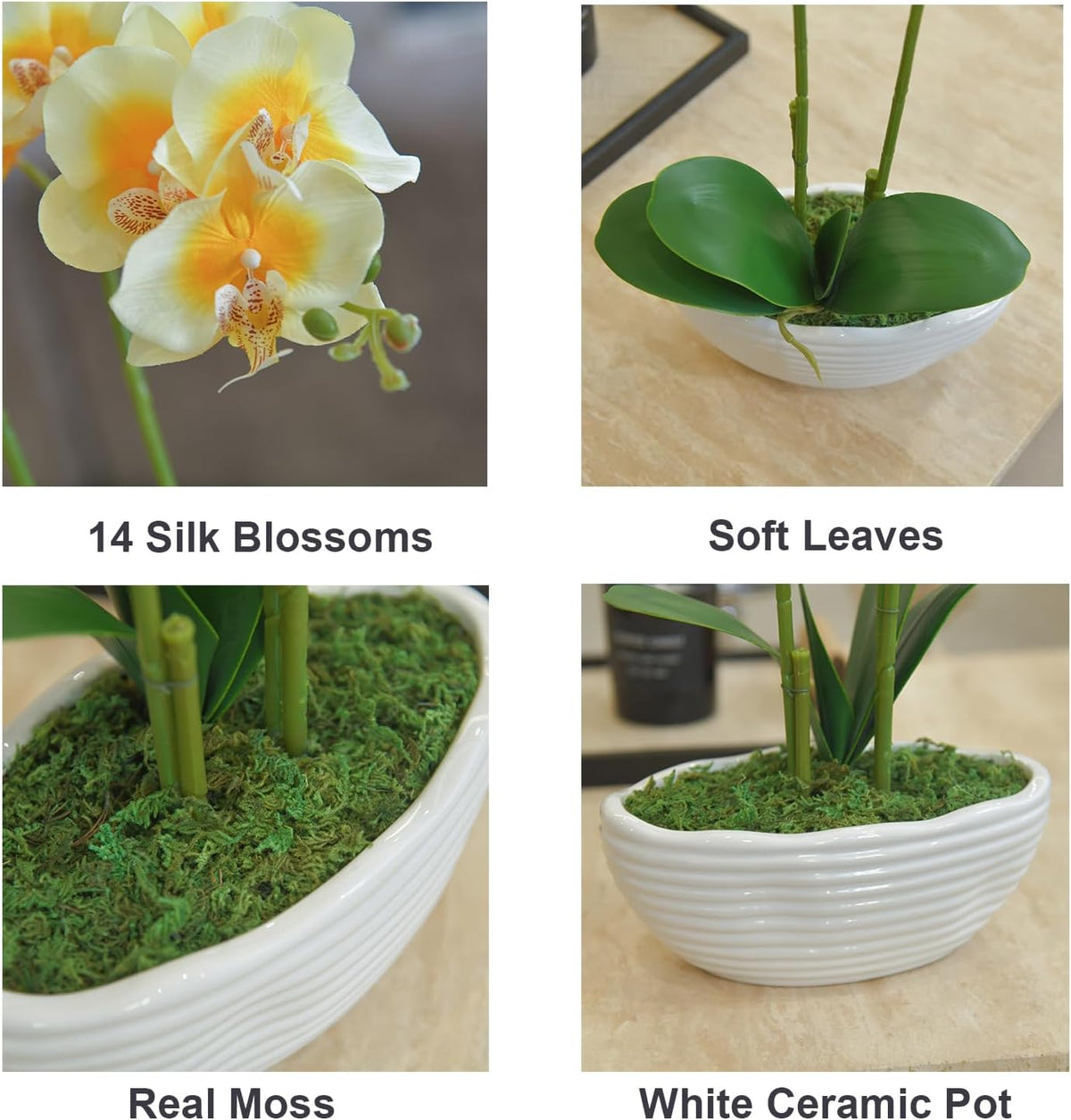 Large Artificial Orchid Arrangement in Oval Ribbed Ceramic Pot, White
