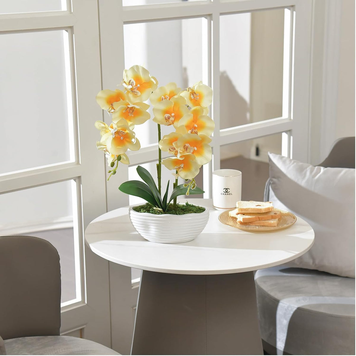 Large Artificial Orchid Arrangement in Oval Ribbed Ceramic Pot, White