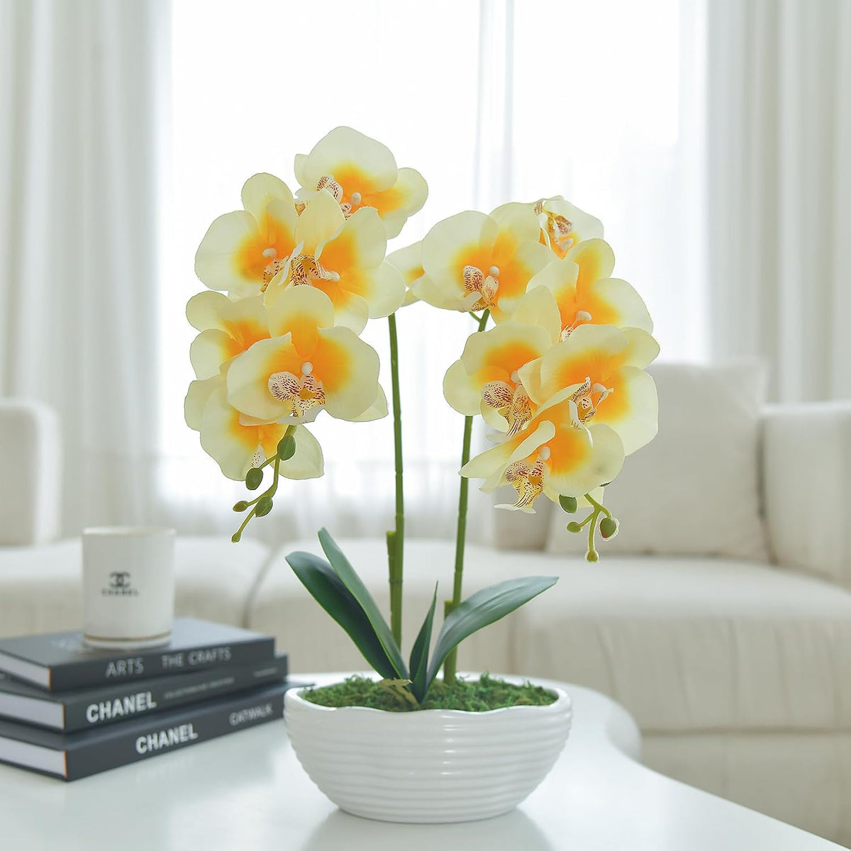Large Artificial Orchid Arrangement in Oval Ribbed Ceramic Pot, White