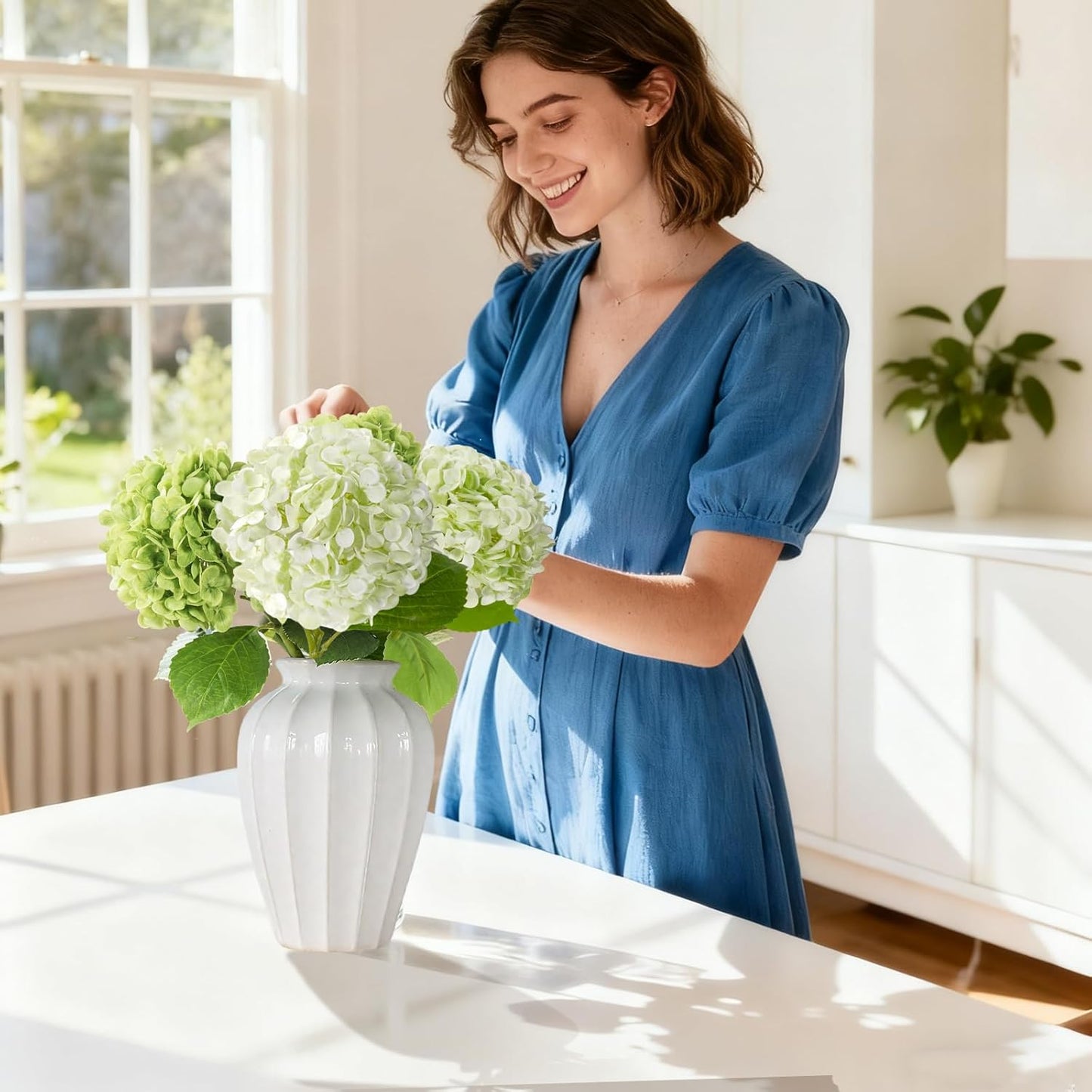 20" 4Pcs Blue Faux Hydrangea Flowers with Leaves Stems | Real Touch Fake Hydrangeas Bouquet Hydrangea Artificial Flowers for Centerpiece Arrangements Wedding Party Home Décor