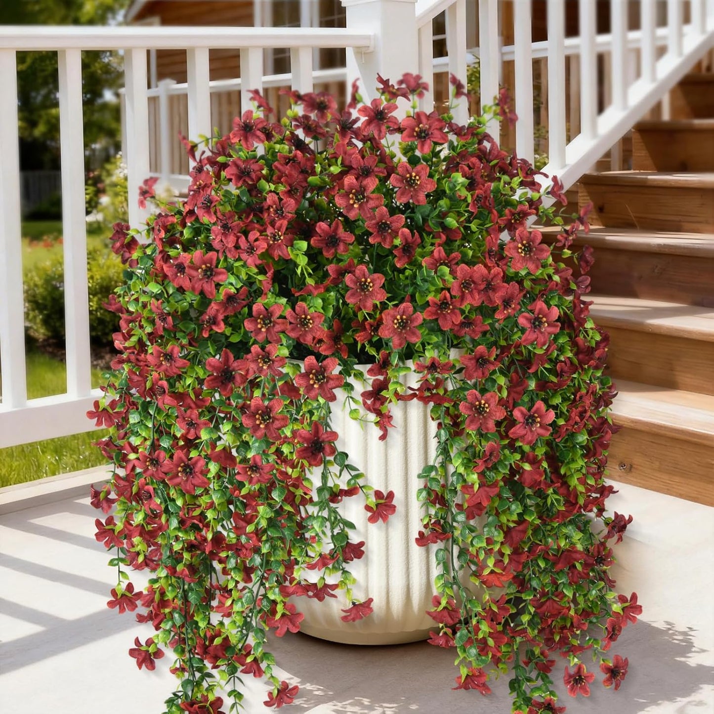 INQCMY Artificial Fake Hanging Flowers Plants for Outdoor Summer Decoration | 2 PCS Faux Silk Daisy with Eucalyptus Leaves,UV Resistant Look Real for Outside Home Planter Porch Patio Balcony Yard Decor