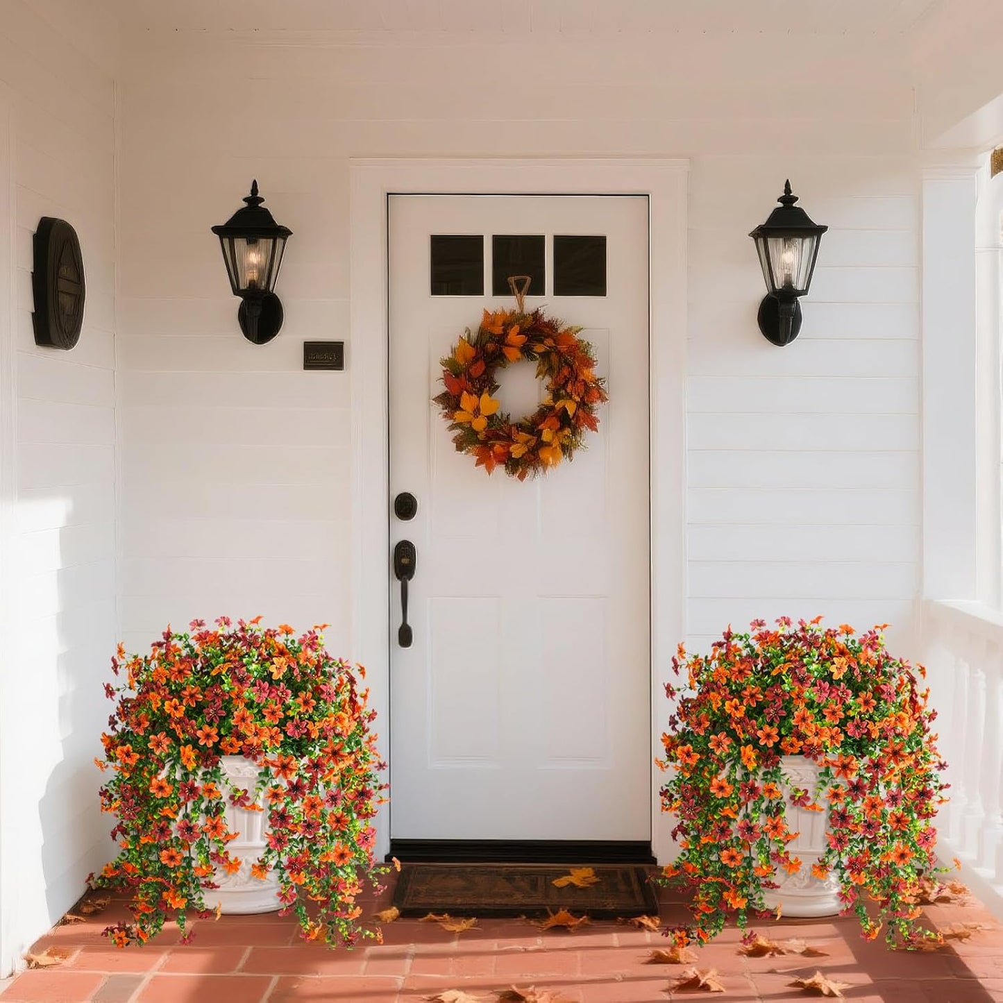 INQCMY Artificial Fake Hanging Flowers Plants for Outdoor Summer Decoration | 2 PCS Faux Silk Daisy with Eucalyptus Leaves,UV Resistant Look Real for Outside Home Planter Porch Patio Balcony Yard Decor