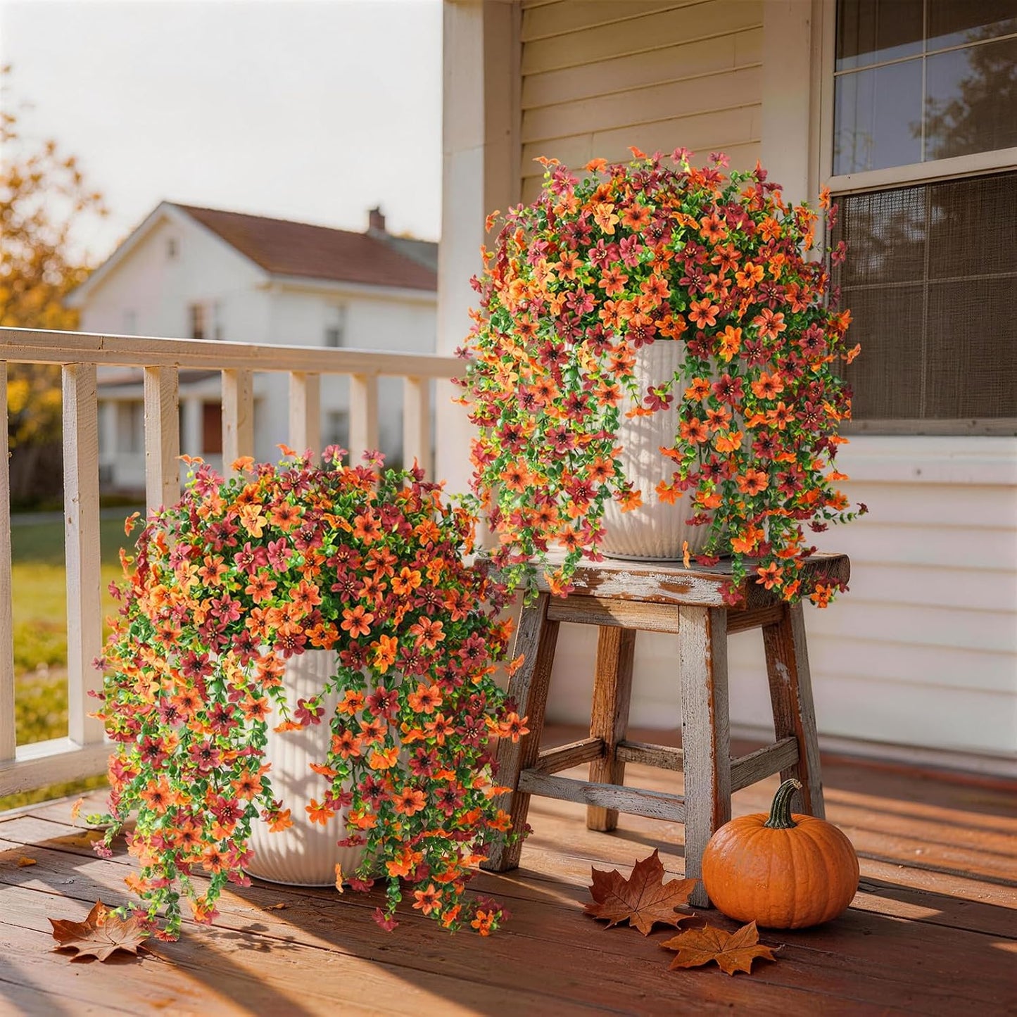 INQCMY Artificial Fake Hanging Flowers Plants for Outdoor Summer Decoration | 2 PCS Faux Silk Daisy with Eucalyptus Leaves,UV Resistant Look Real for Outside Home Planter Porch Patio Balcony Yard Decor