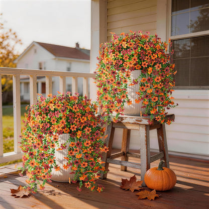 INQCMY Artificial Fake Hanging Flowers Plants for Outdoor Summer Decoration | 2 PCS Faux Silk Daisy with Eucalyptus Leaves,UV Resistant Look Real for Outside Home Planter Porch Patio Balcony Yard Decor