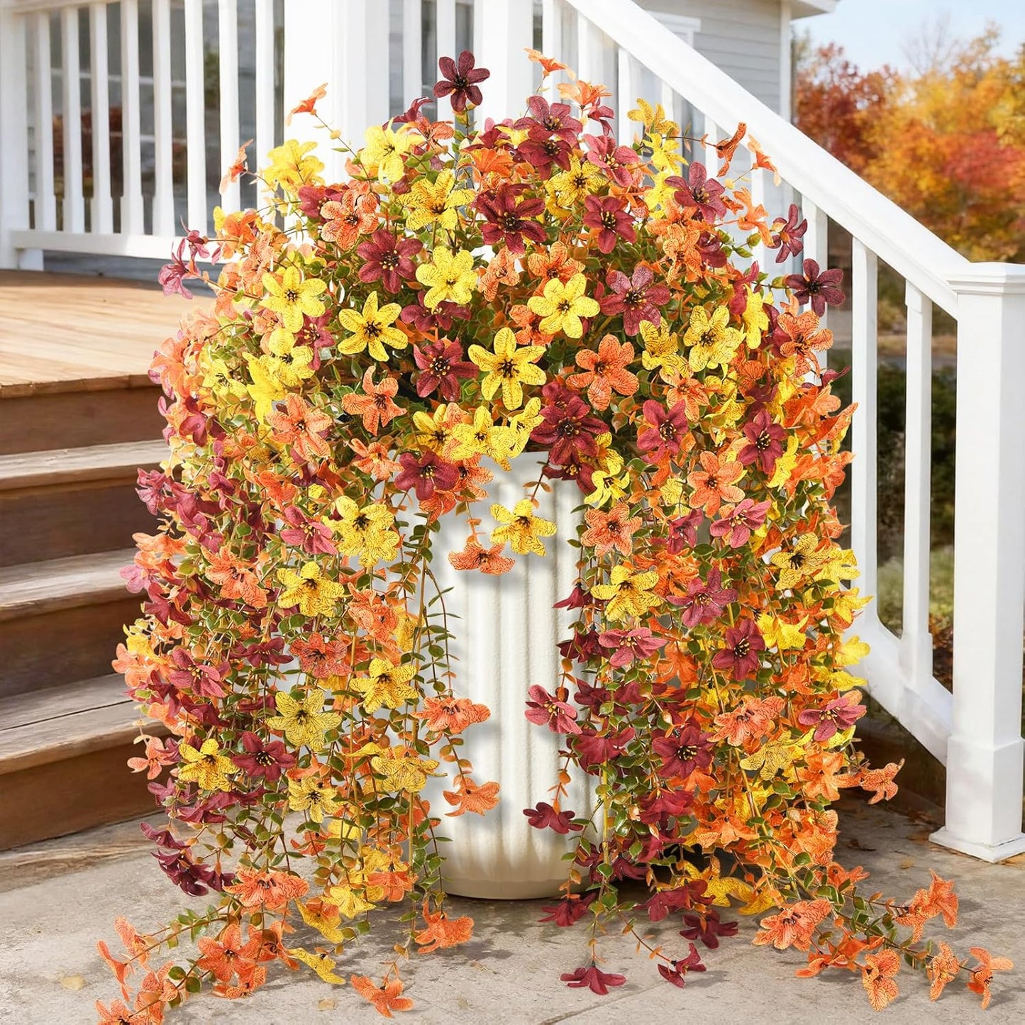 INQCMY Artificial Fake Hanging Flowers Plants for Outdoor Summer Decoration | 2 PCS Faux Silk Daisy with Eucalyptus Leaves,UV Resistant Look Real for Outside Home Planter Porch Patio Balcony Yard Decor