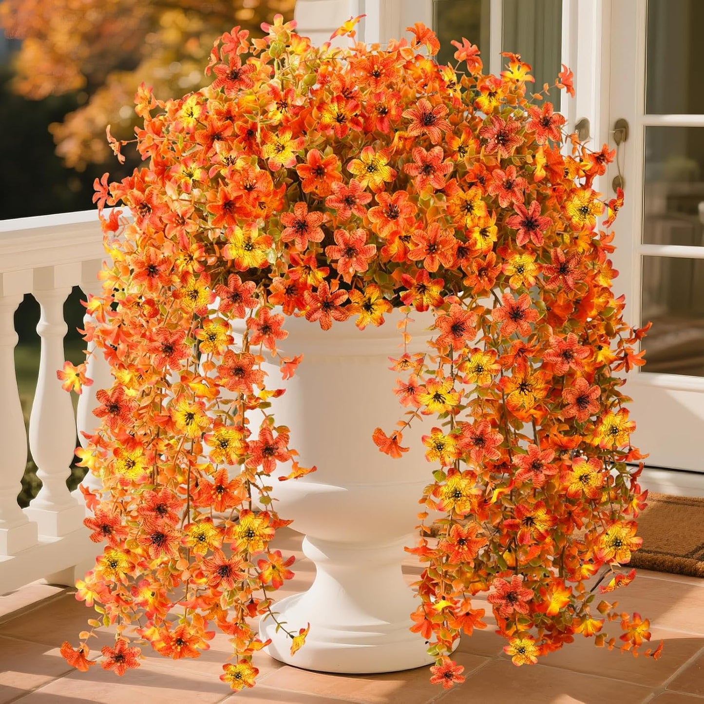 INQCMY Artificial Fake Hanging Flowers Plants for Outdoor Summer Decoration | 2 PCS Faux Silk Daisy with Eucalyptus Leaves,UV Resistant Look Real for Outside Home Planter Porch Patio Balcony Yard Decor