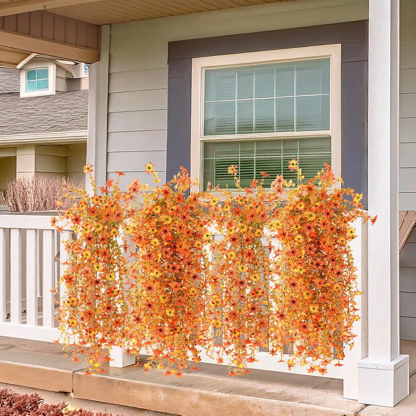 INQCMY Artificial Fake Hanging Flowers Plants for Outdoor Summer Decoration | 2 PCS Faux Silk Daisy with Eucalyptus Leaves,UV Resistant Look Real for Outside Home Planter Porch Patio Balcony Yard Decor